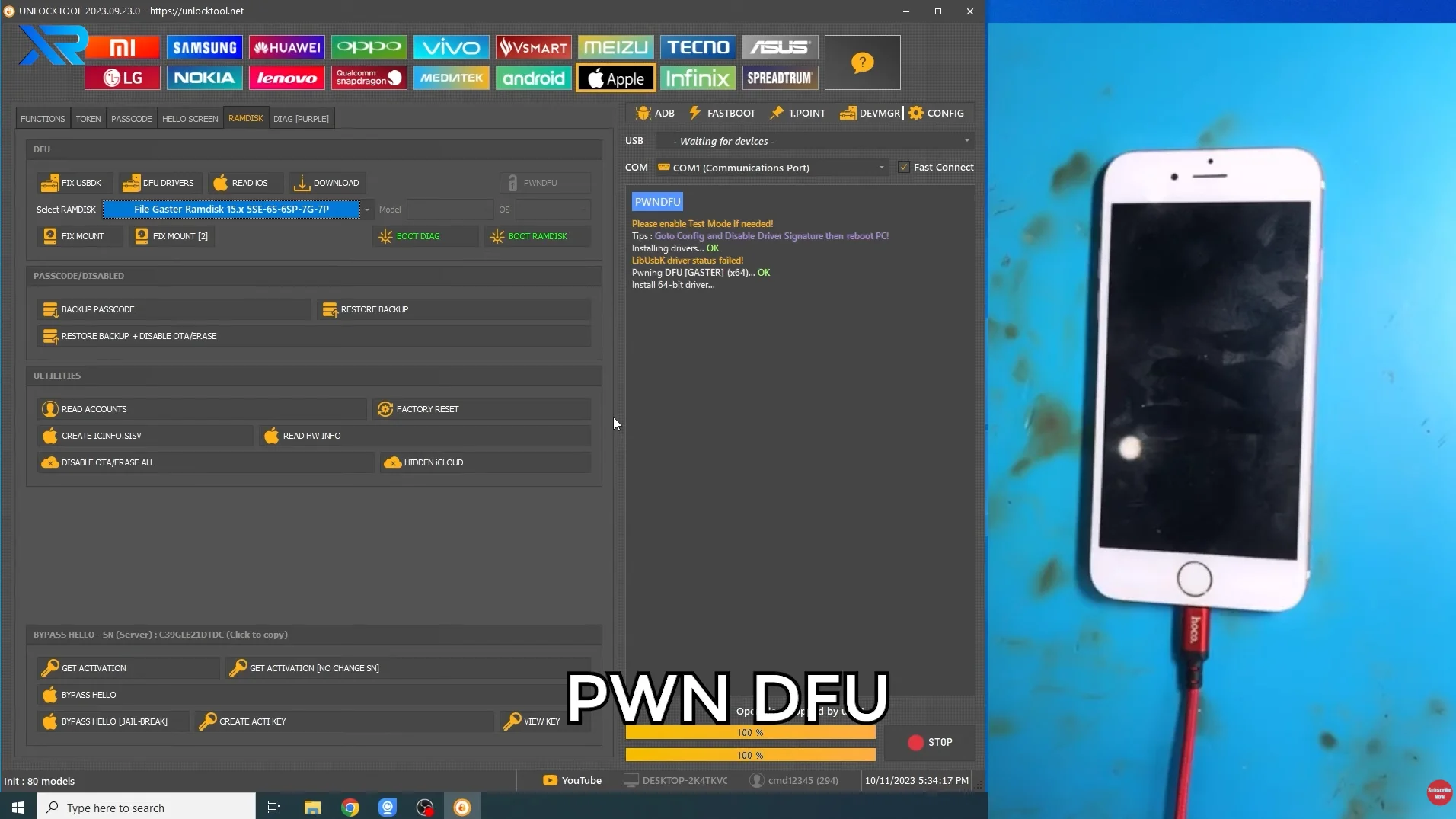 Bước 6: PWNDFU khai thác exploit checkm8 thành công trên UnlockTool
