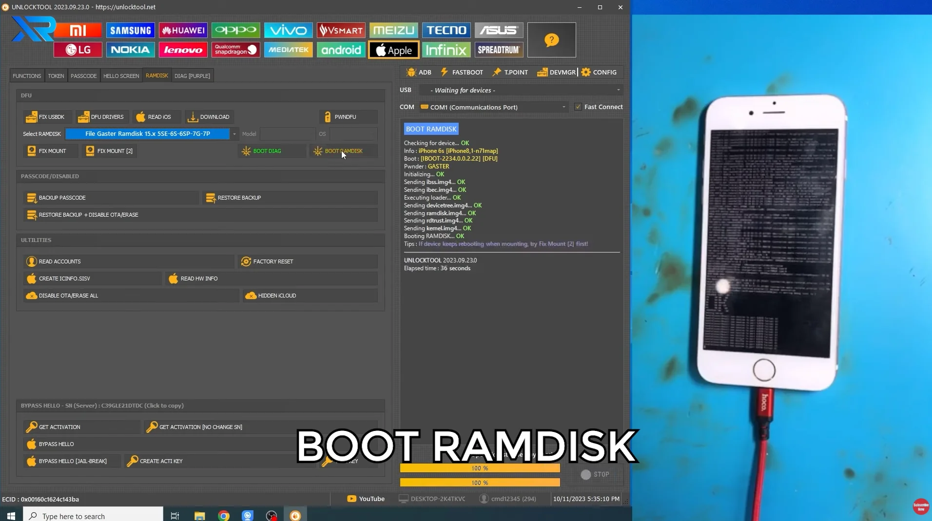 Bước 7: Boot Ramdisk thành công — gửi ibss, ibec, kernel tất cả OK