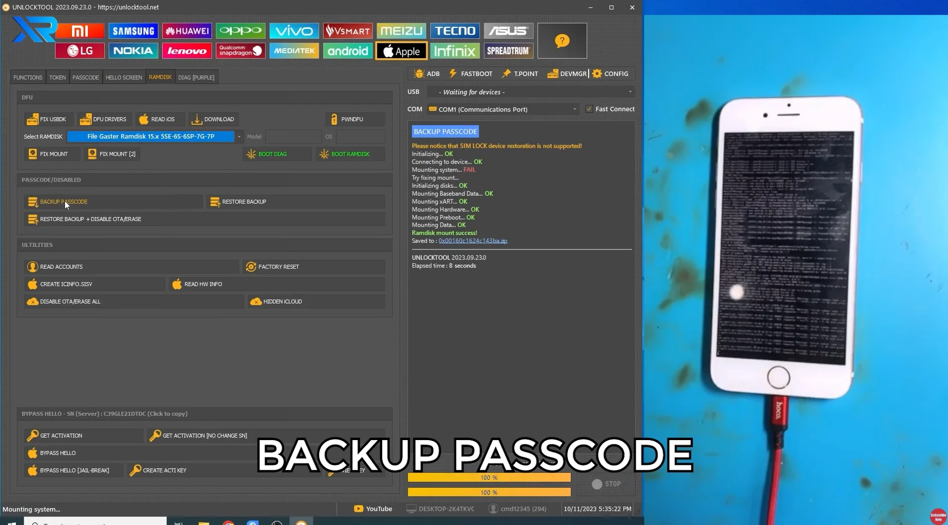 Bước 8: Backup Passcode — Ramdisk mount success, activation data sao lưu thành công