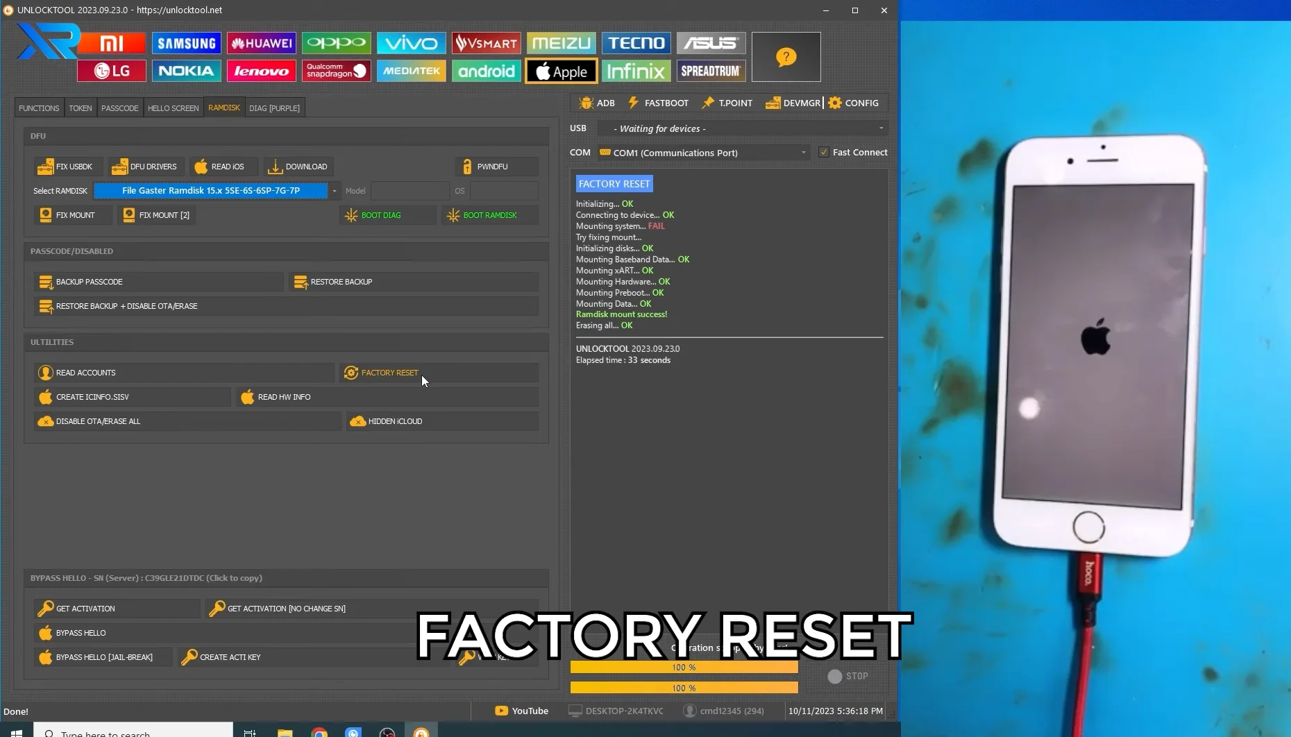 Bước 9: Factory Reset — Erasing all OK, xoá sạch dữ liệu iPhone