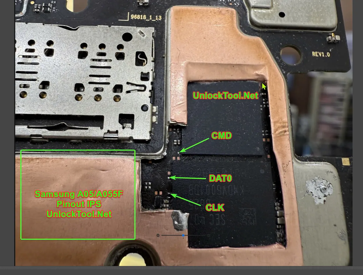 Test point EDL 9008 Samsung Galaxy A05 (SM-A055F) - Vị trí chập test point trên mainboard