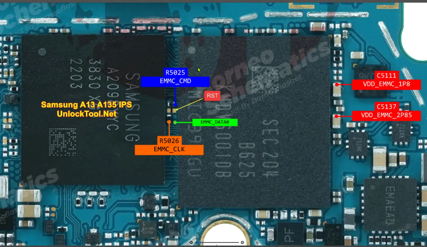 Test point EDL 9008 Samsung Galaxy A13 (SM-A135) - Vị trí chập test point trên mainboard