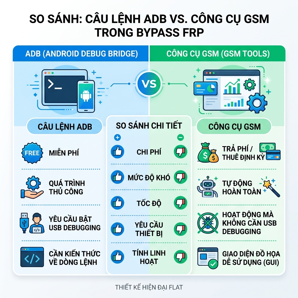 So sánh ADB commands vs tool GSM chuyên dụng xóa FRP