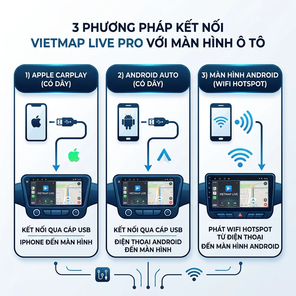 Vietmap Live Pro CarPlay Android Auto - sơ đồ kết nối 3 phương thức