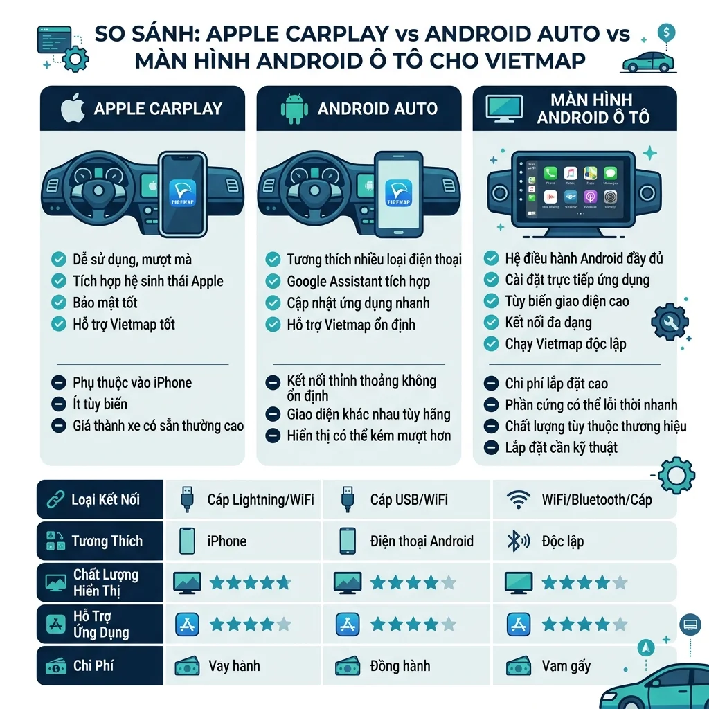 So sánh Apple CarPlay vs Android Auto vs màn hình Android cho Vietmap