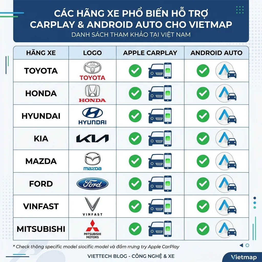 Danh sách xe hỗ trợ Vietmap Live Pro CarPlay Android Auto tại Việt Nam