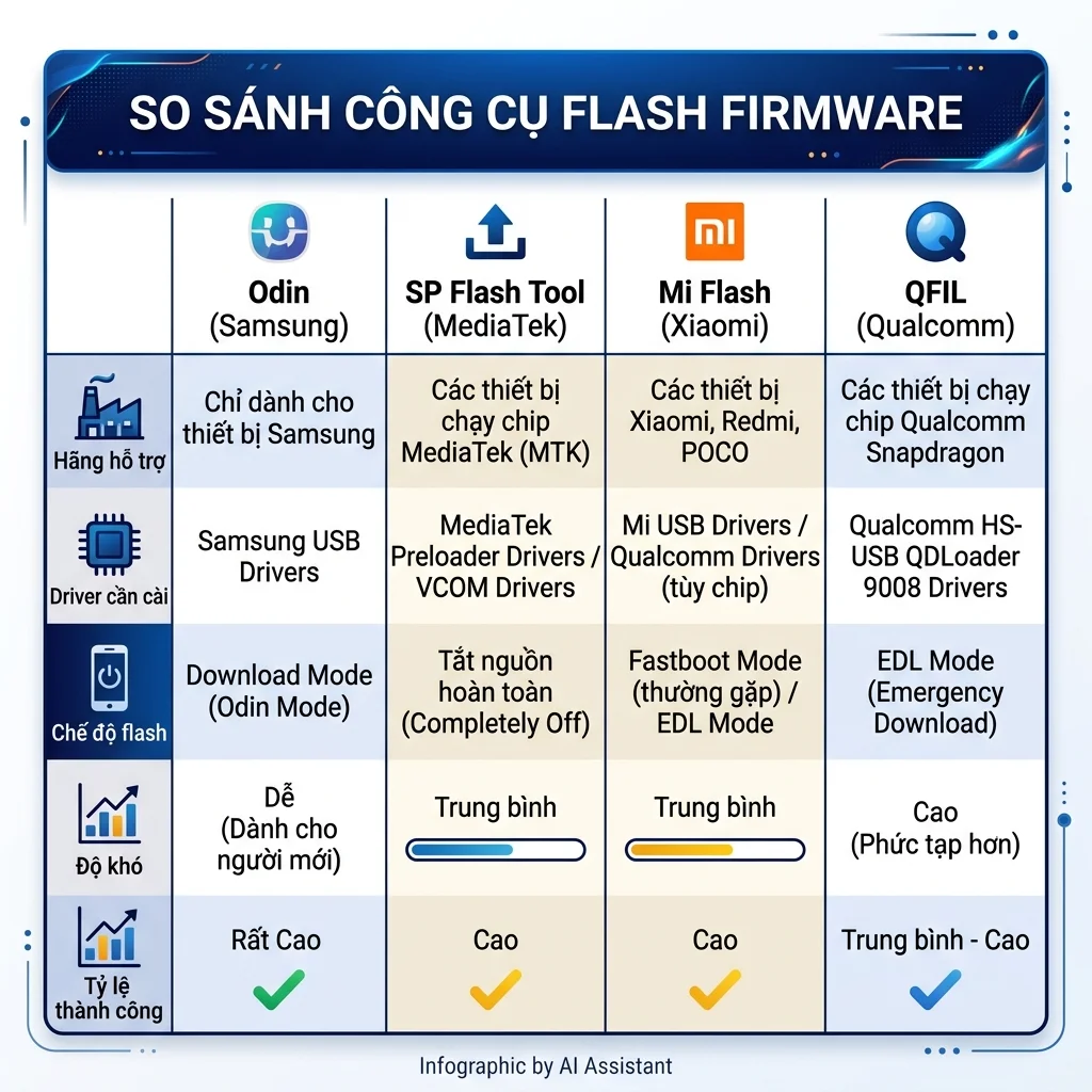 So sánh công cụ flash firmware Samsung Xiaomi MediaTek Qualcomm