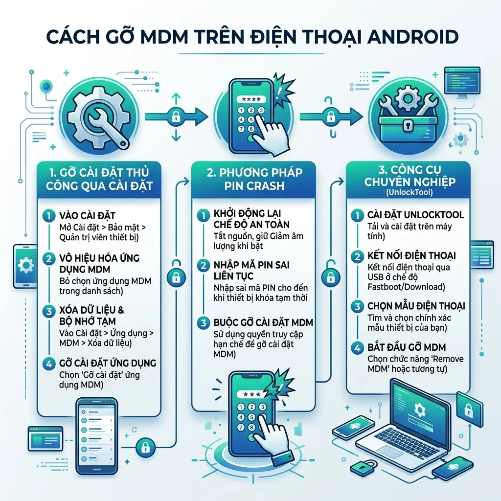 Sơ đồ 3 phương pháp gỡ MDM trên điện thoại Android 2026