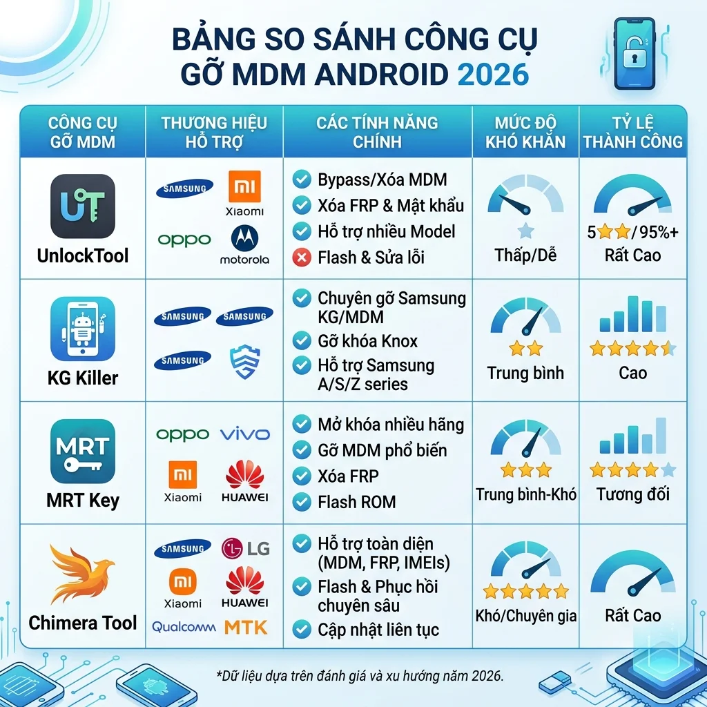 Bảng so sánh công cụ gỡ MDM Android 2026 - UnlockTool, KG Killer, Chimera, MRT, TSM
