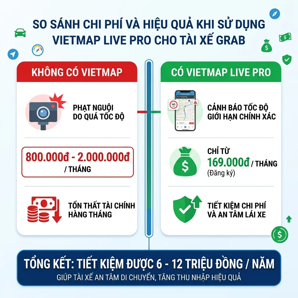 Vietmap cho tài xế Grab - so sánh chi phí tiết kiệm phạt nguội 2026