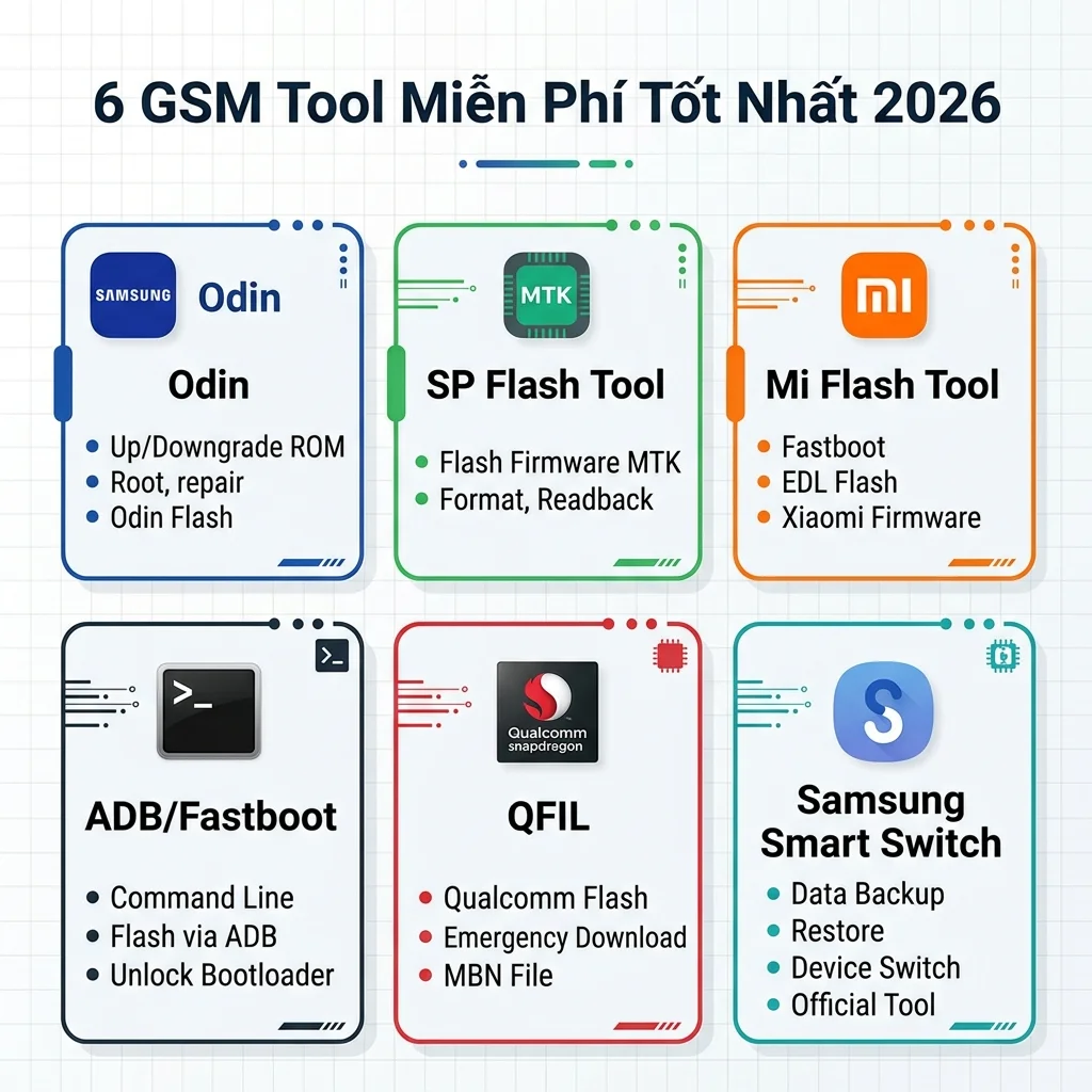 6 gsm tool miễn phí tốt nhất 2026 - tổng quan Odin SP Flash ADB