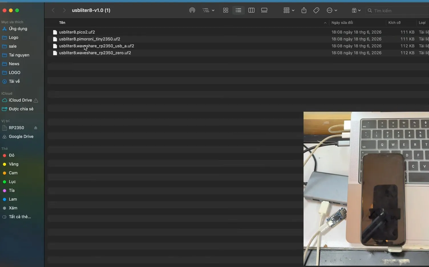 File firmware USBLiter8 v1.0 trên GitHub — chọn đúng file .uf2 cho RP2350