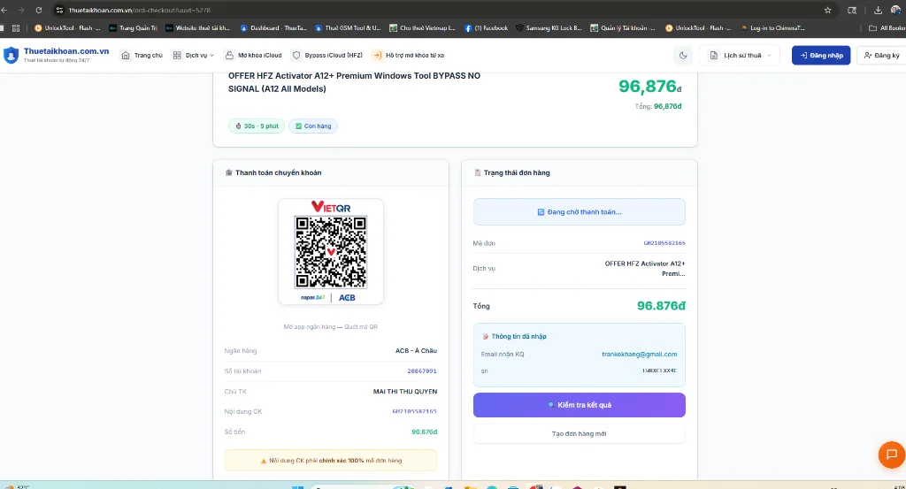 Trang quét mã QR thanh toán đơn hàng tại thuetaikhoan.com.vn