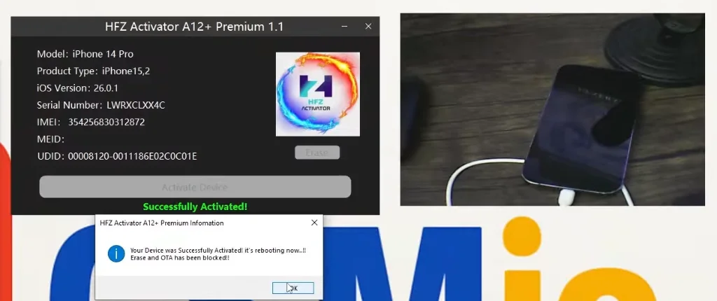 Thông báo bypass iCloud thành công