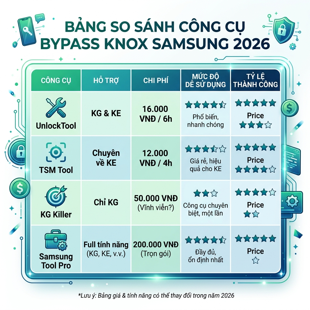 So sánh tool bypass Knox Samsung 2026 UnlockTool TSM KG Killer