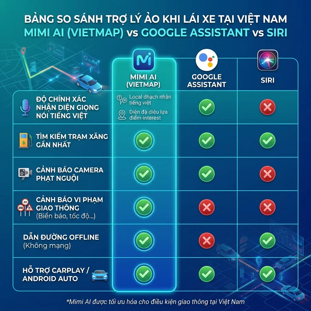 So sánh trợ lý AI Mimi vs Google Assistant vs Siri cho lái xe