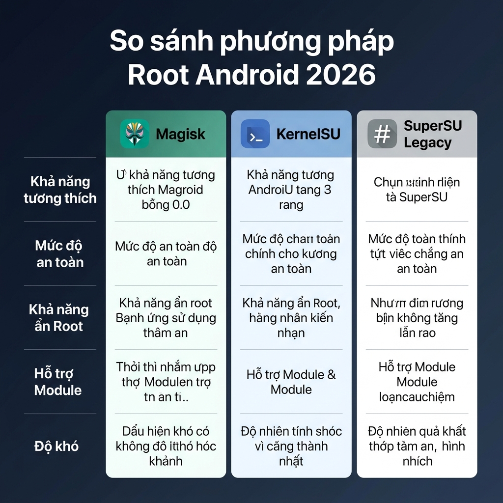 So sánh Magisk vs KernelSU root Android 2026