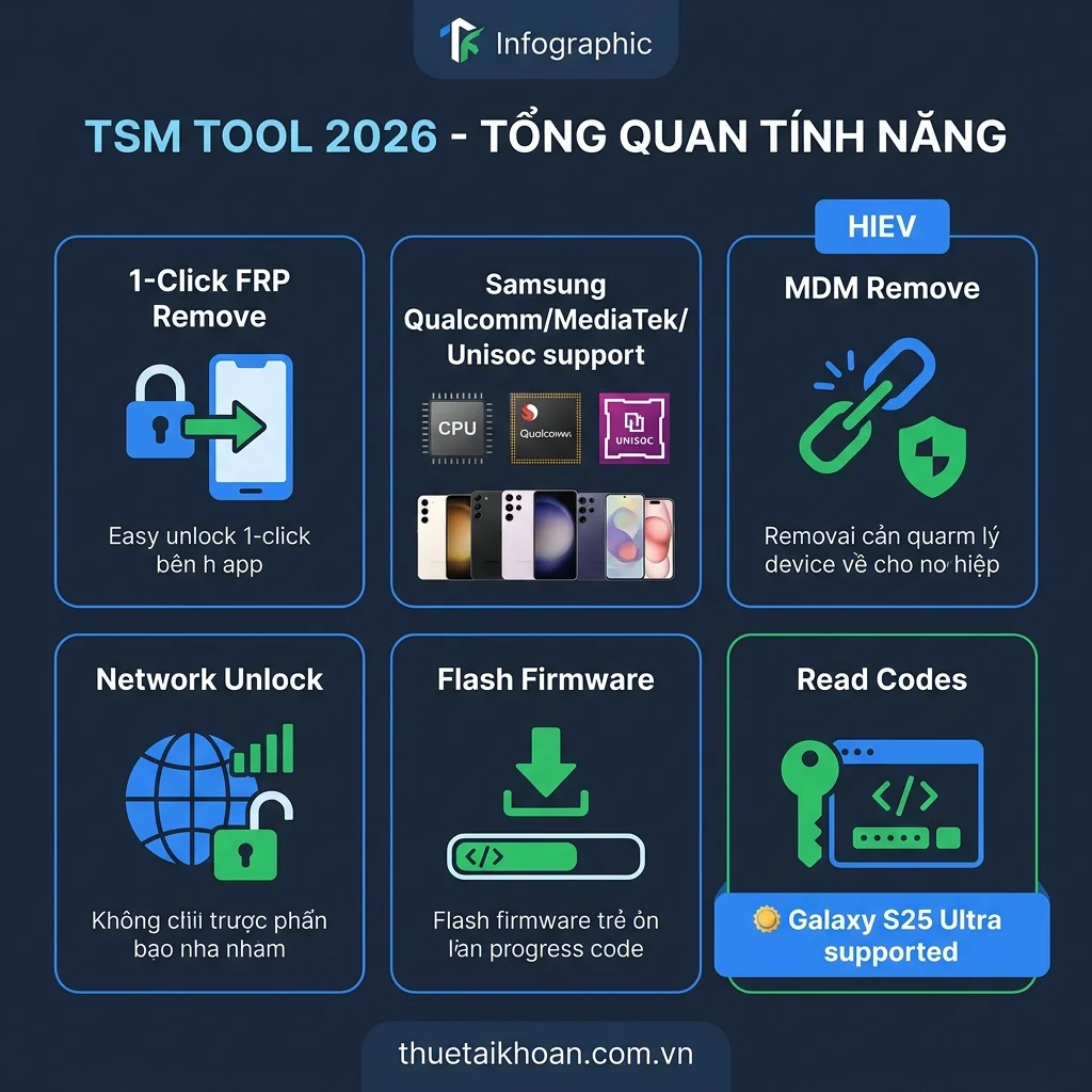 TSM Tool 2026 - tổng quan tính năng 1-Click FRP Remove cho Samsung