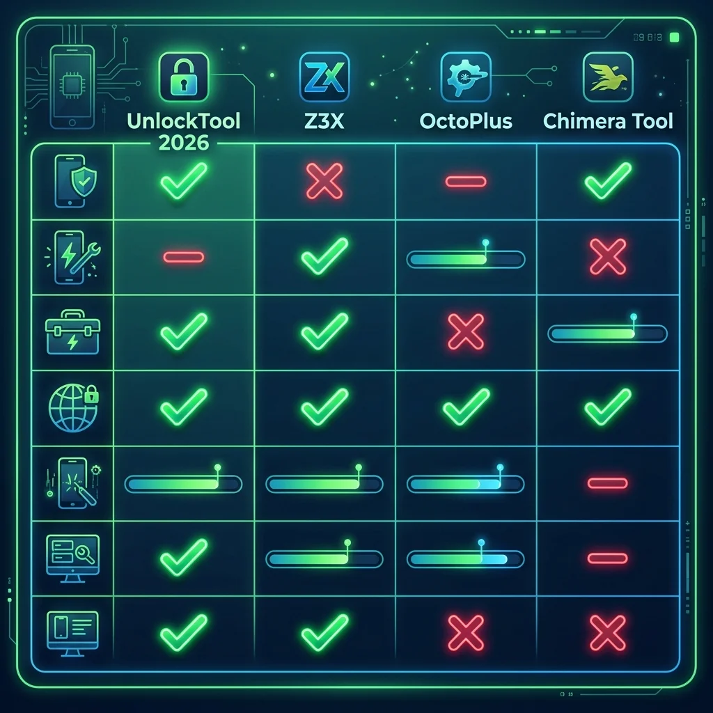 So sánh UnlockTool 2026 vs Z3X OctoPlus Chimera - Bảng tính năng chi tiết
