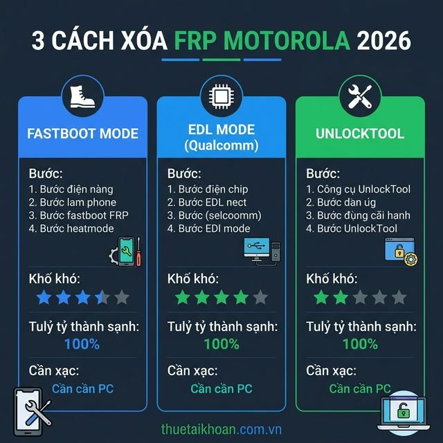 3 cách xóa FRP Motorola 2026: Fastboot, EDL, UnlockTool